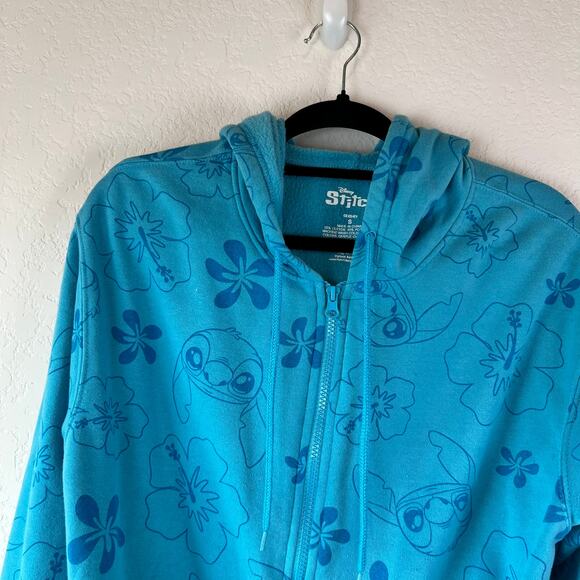 Disney Lilo and Stitch Zip Up Hoodie Jacket Stitch and Floral Print Blue Small - Picture 3 of 6